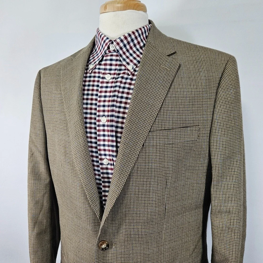 Chaps Men's Sport Coat Blazer Two Button Brown‎ Houndstooth Poly Blend Sz 42L